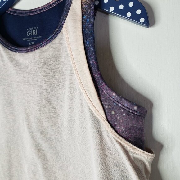 Athleta Girl Team Up Layered Tank L 12 Pink Navy Blue Galaxy Print - Picture 4 of 9